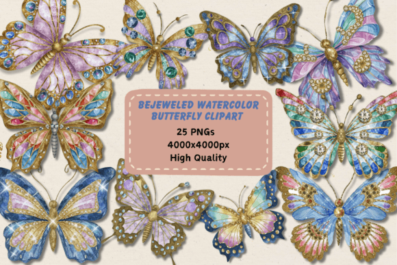 Bejeweled Watercolor Butterfly Clipart in Illustrations