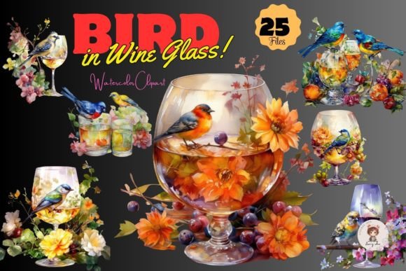 Bird and Wine Glass Clipart Watercolor Illustrations