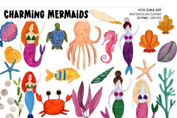 Charming Mermaids Watercolor Set for Illustrations