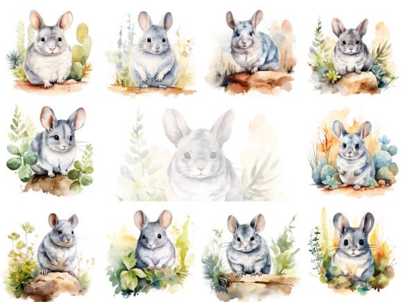 Chinchilla Watercolor Clipart Bundle: Editorial Illustrations