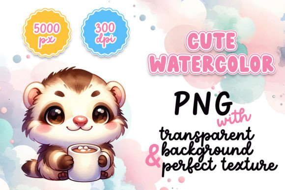 Cute Watercolor Ferret with Hot Cocoa Illustrations