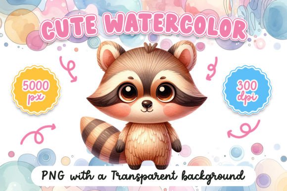 Cute Watercolor Raccoon Illustrations for Digital Products