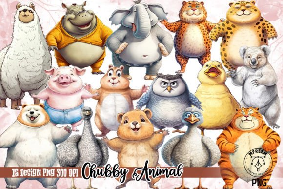 Funny Chubby Animals Watercolor Clipart Illustrations