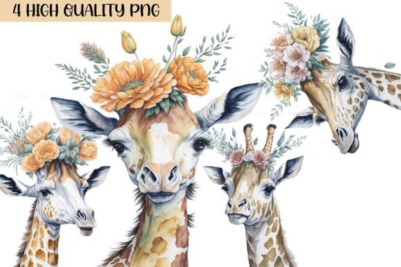 Giraffe Floral Flower Watercolor Png Illustrations
