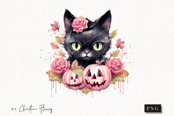Pastel Pink Watercolor Black Cat Illustrations