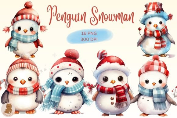 Penguin Snowman Watercolor Clipart for Illustrations