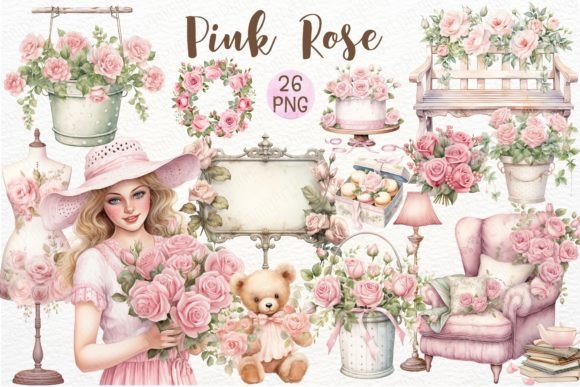 Pink Rose Watercolor Clipart for Embroidery