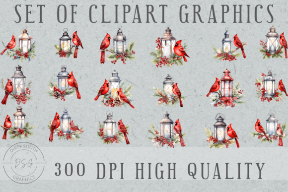 Set of 18 Watercolor Lanterns Cardinal Illustrations