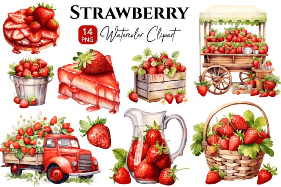 Strawberry Watercolor Clipart Bundle: Editorial Illustrations