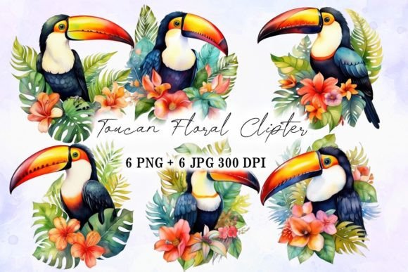 Toucan on Flowers and Leaves Watercolor Illustrations