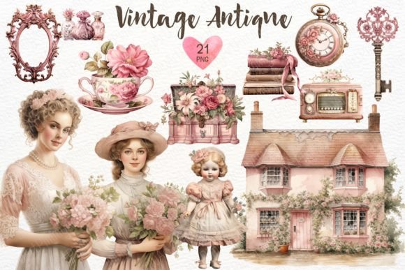 Vintage Antique Watercolor Clipart for Embroidery