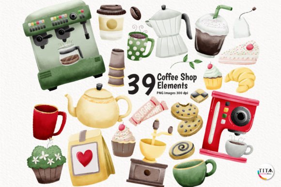 Watercolor Coffee Shop PNG: Illustrations for Crafters