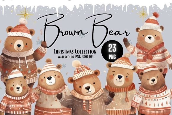 Watercolor Cute Brown Bear in Winter Illustrations