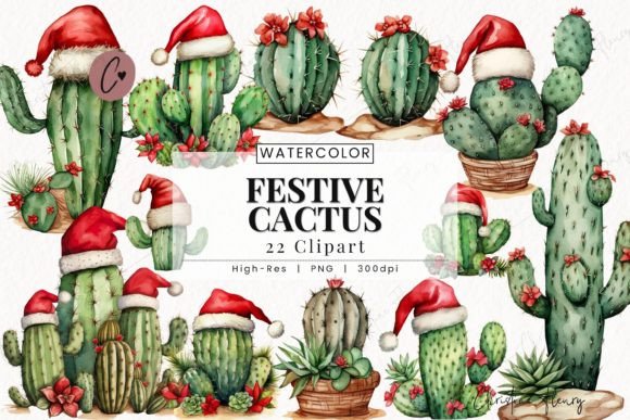 Watercolor Festive Cactus Illustrations for Editorial Use