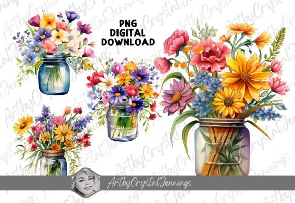 Watercolor Flowers in a Vintage Jar PNG Illustrations