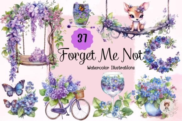Watercolor Forget Me Not Flower Clipart Illustrations