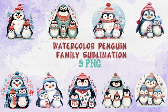 Watercolor Penguin Family Sublimation Illustrations