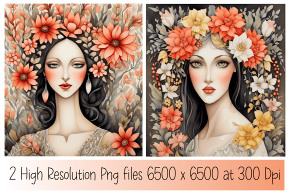 Watercolor Portraits with Peach Blooms 2 Illustrations