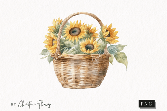 Watercolor Sunflower Basket Clipart for Illustrations