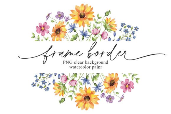 Watercolor Sunflowers Frame Border, PNG Illustrations