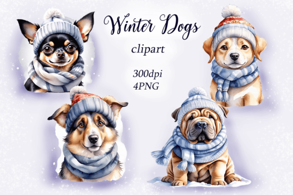 Watercolor Winter Dogs Illustrations for Editorial Use