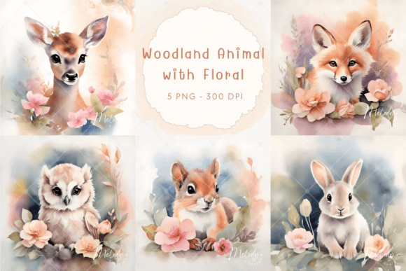 Watercolor Woodland Animal with Floral Illustrations