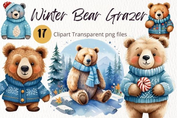 Winter Bear Grazer Watercolor Clipart Illustrations