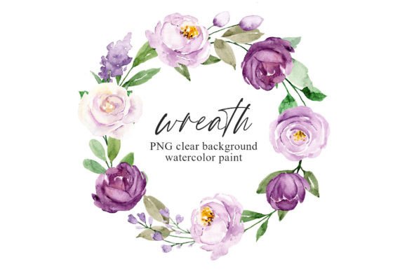 Wreath with Violet Watercolor Flowers Illustrations
